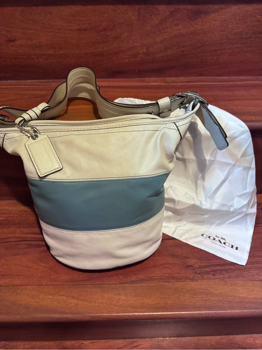 Coach Leather Shoulder Bucket Bag in Cream and Baby blue. 🚨 OOAK VINTAGE 😍